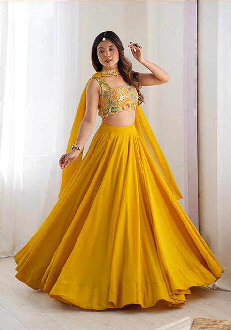 Yellow Solid Georgette Lehenga Set