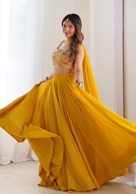 Yellow Solid Georgette Lehenga Set