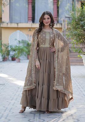 Beige Sequin Embroidery Georgette Anarkali Suit Set