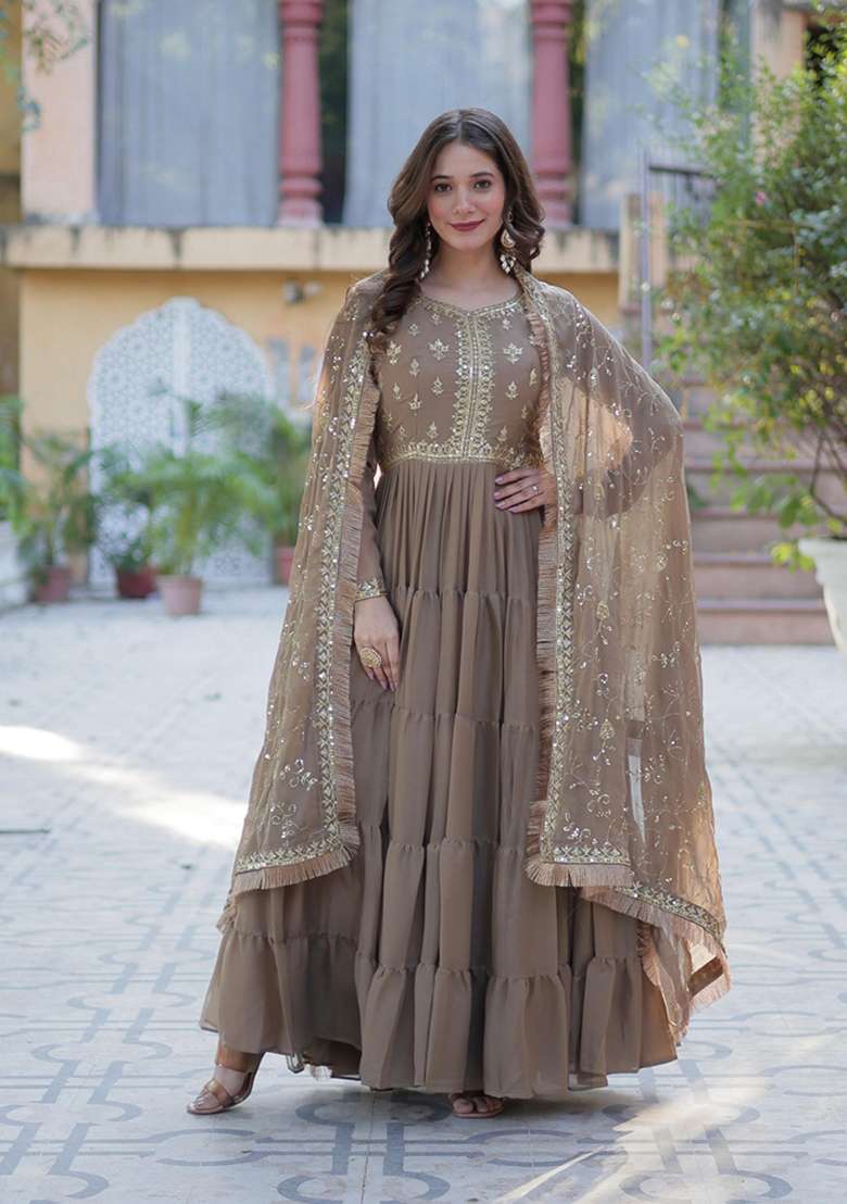 Beige Embroidered Georgette Anarkali Set - Indya