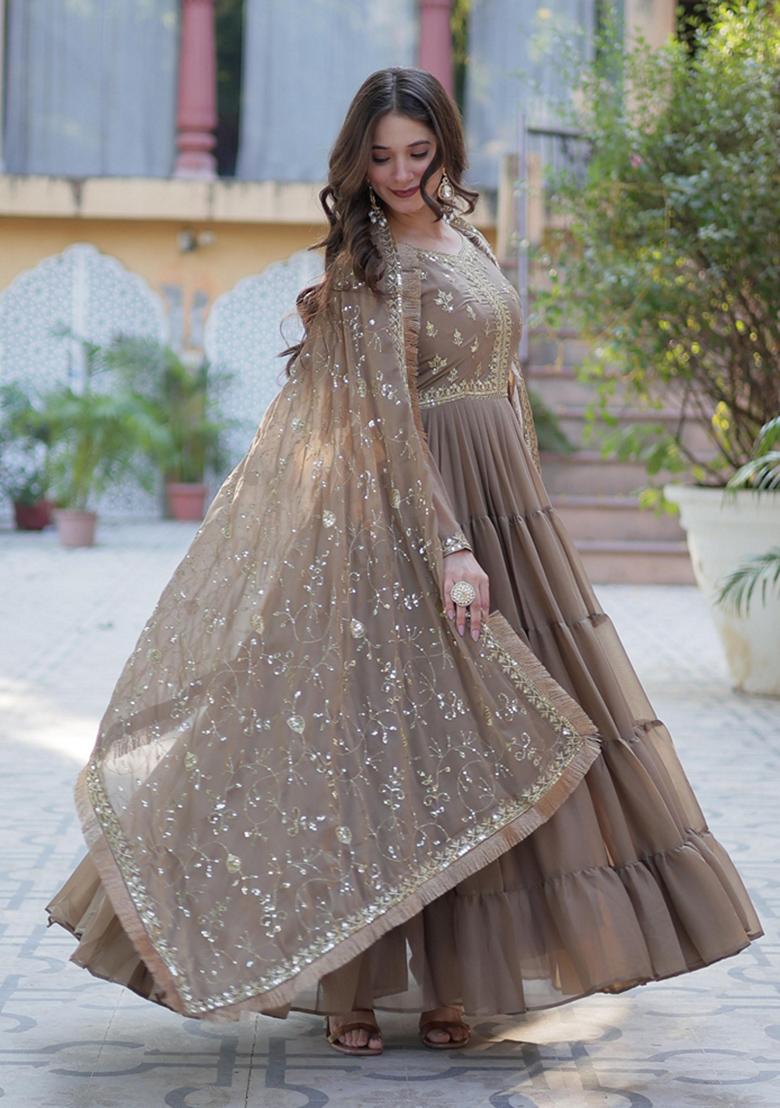 Beige Sequin Embroidery Georgette Anarkali Suit Set