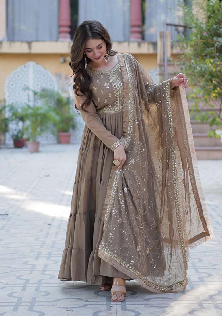 Beige Embroidered Georgette Anarkali Set - Indya