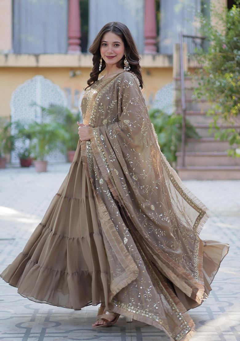 Beige Sequin Embroidery Georgette Anarkali Suit Set