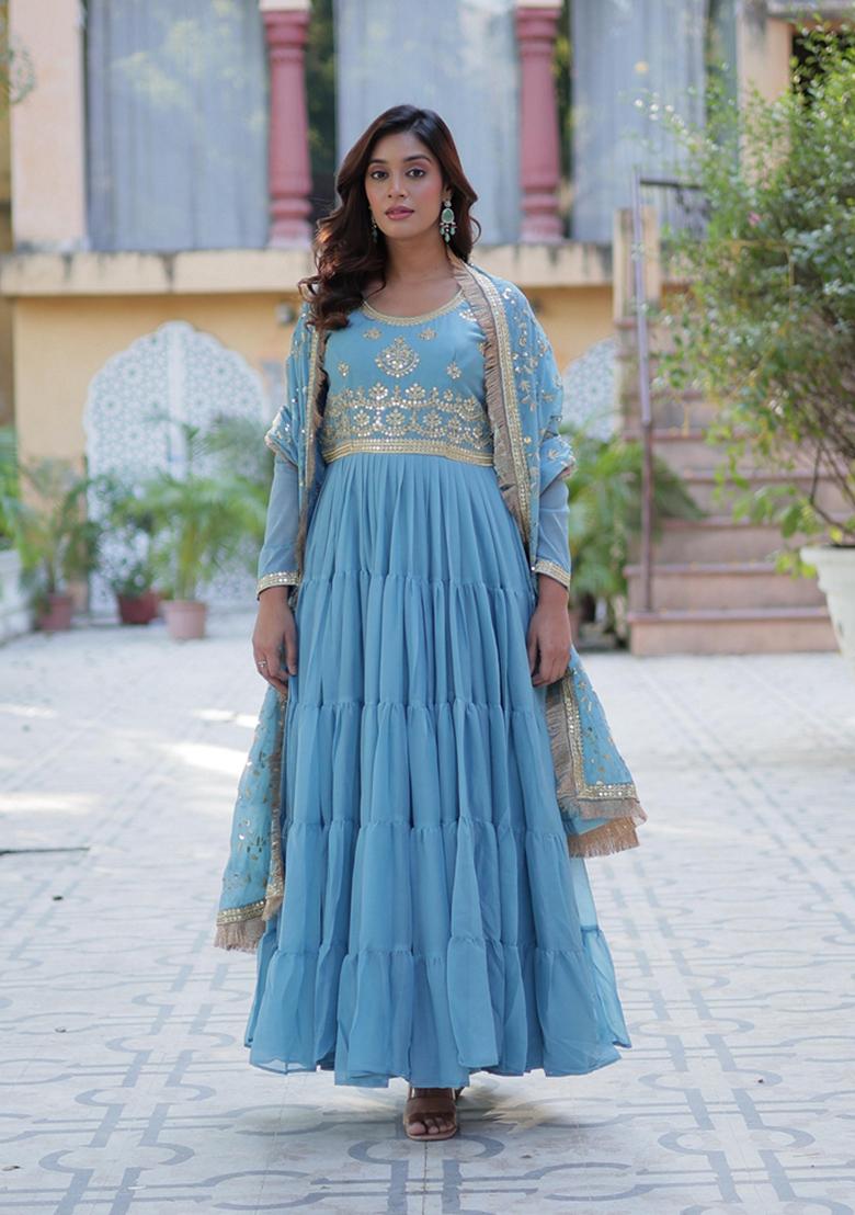 Skyblue Sequin Embroidery Georgette Anarkali Suit Set