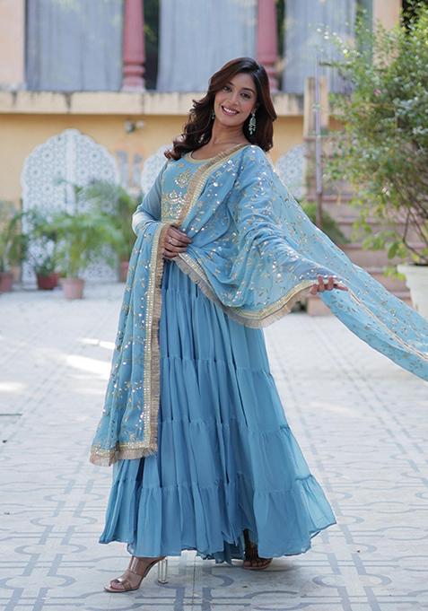 Skyblue Sequin Embroidery Georgette Anarkali Suit Set