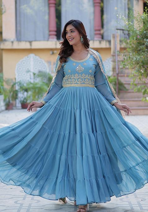 Skyblue Sequin Embroidery Georgette Anarkali Suit Set