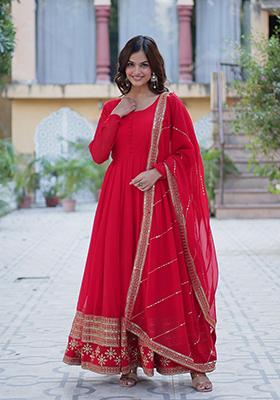 Red Sequin Embroidery Georgette Anarkali Suit Set