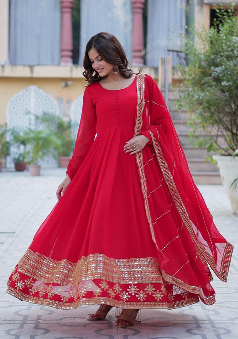 Red Sequin Embroidery Georgette Anarkali Suit Set
