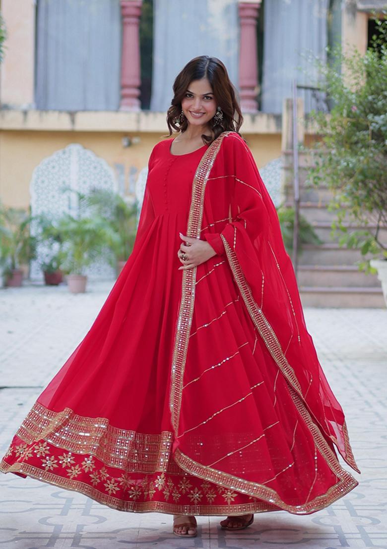 Red Sequin Embroidery Georgette Anarkali Suit Set