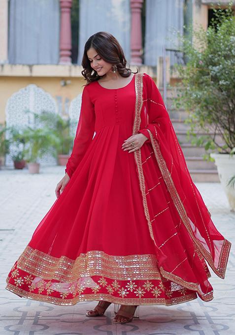 Red Sequin Embroidery Georgette Anarkali Suit Set