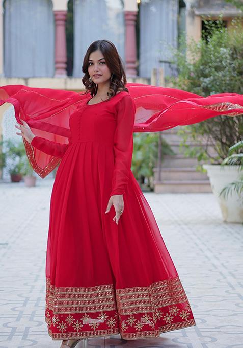 Red Sequin Embroidery Georgette Anarkali Suit Set