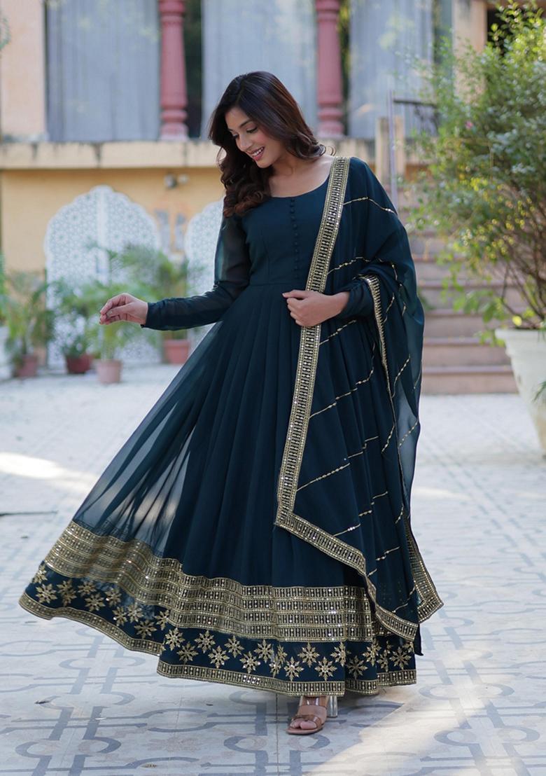 Rama Green Sequin Embroidery Georgette Anarkali Suit Set
