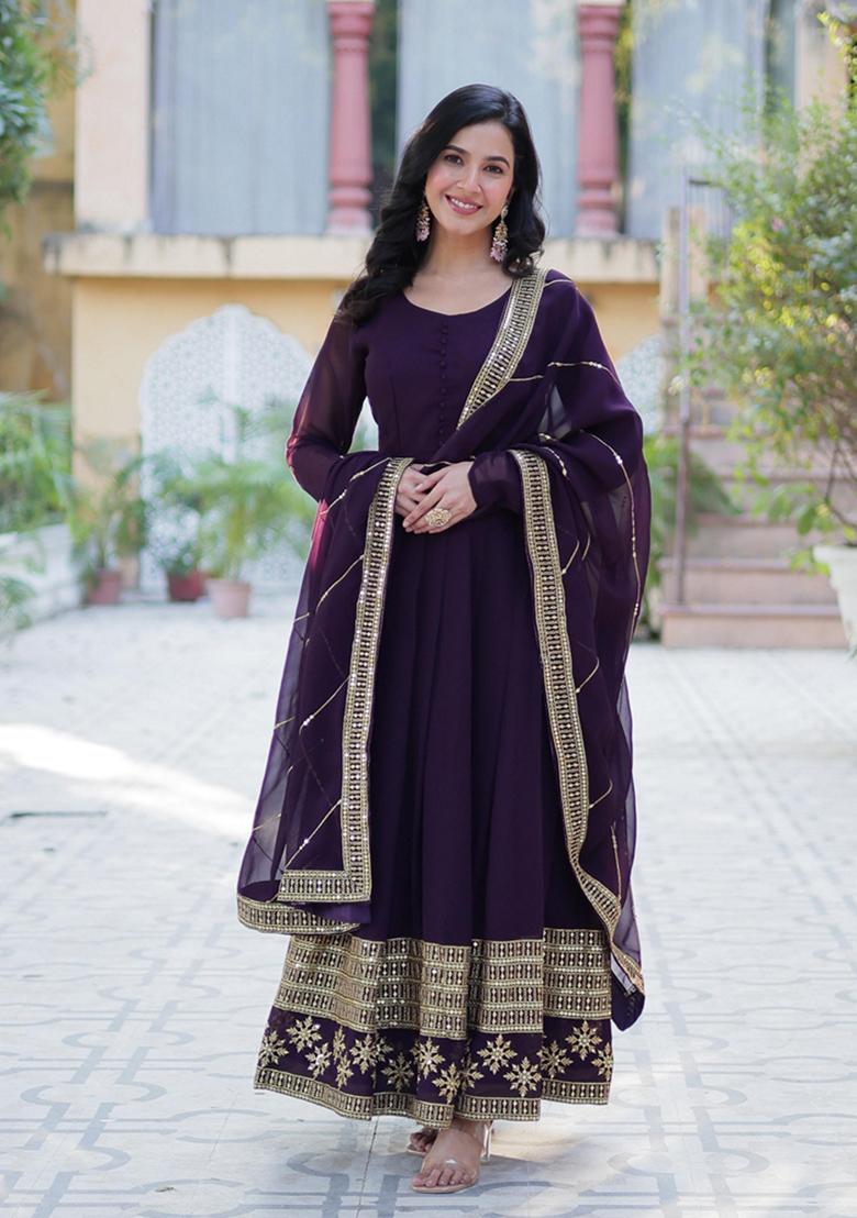 Wine Sequin Embroidery Georgette Anarkali Suit Set