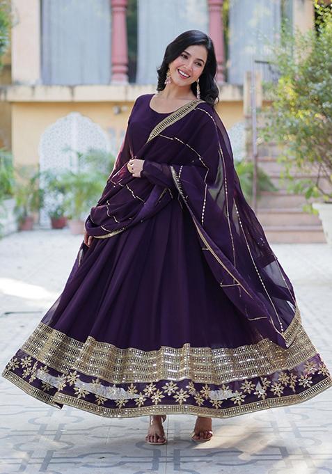 Wine Sequin Embroidery Georgette Anarkali Suit Set