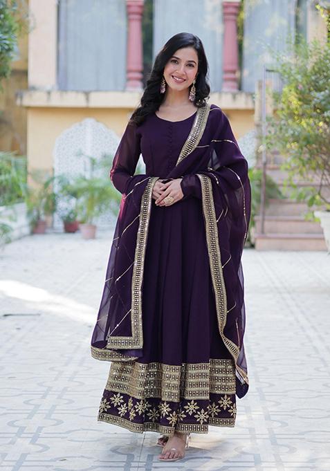 Wine Sequin Embroidery Georgette Anarkali Suit Set