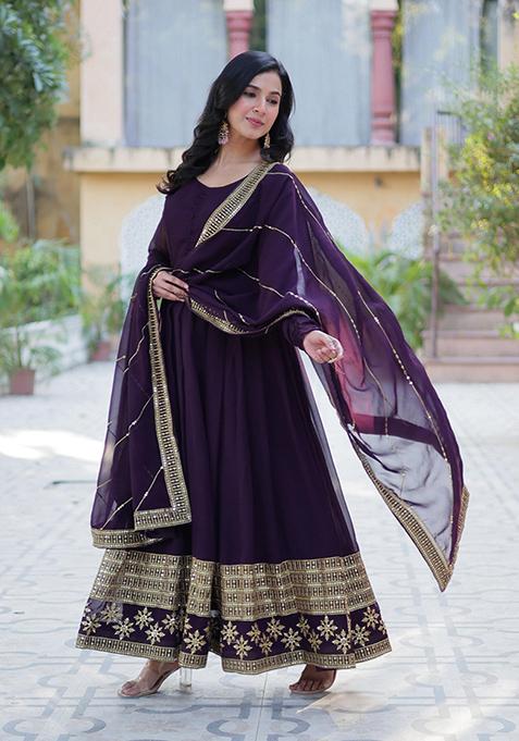 Wine Sequin Embroidery Georgette Anarkali Suit Set