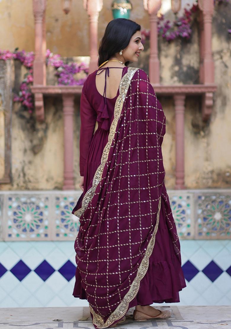 Wine Sequin Embroidery Georgette Anarkali Suit Set