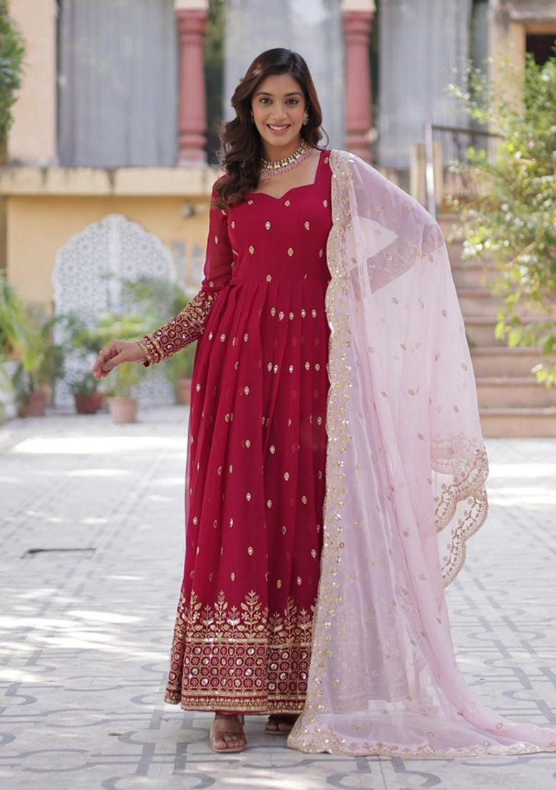 Maroon Sequin Embroidery Georgette Anarkali Suit Set