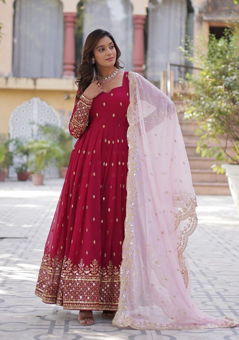 Maroon Sequin Embroidery Georgette Anarkali Suit Set