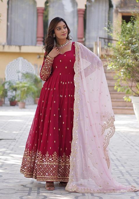 Maroon Sequin Embroidery Georgette Anarkali Suit Set