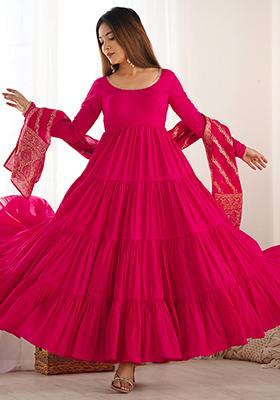 Rani Pink Solid Silk Kurta Set