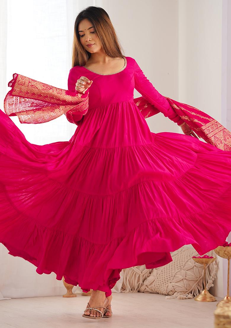 Rani Pink Solid Silk Kurta Set