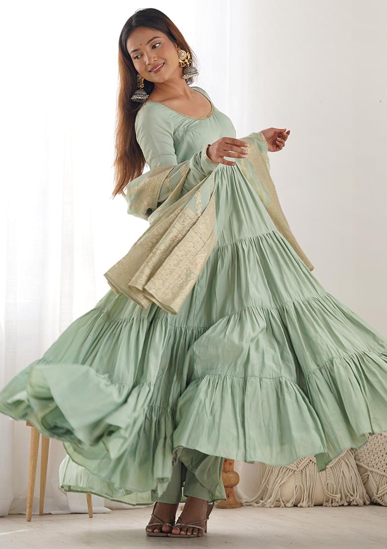 Sea Green Solid Silk Kurta Set