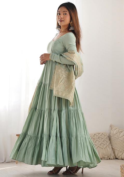 Sea Green Solid Silk Kurta Set