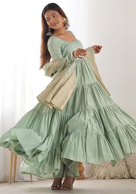 Sea Green Solid Silk Kurta Set