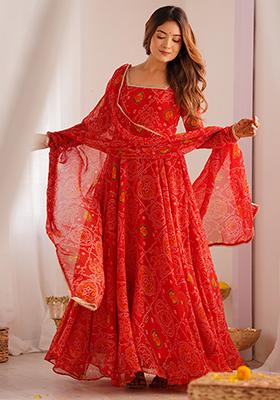 Red Printed Georgette Kurta Set