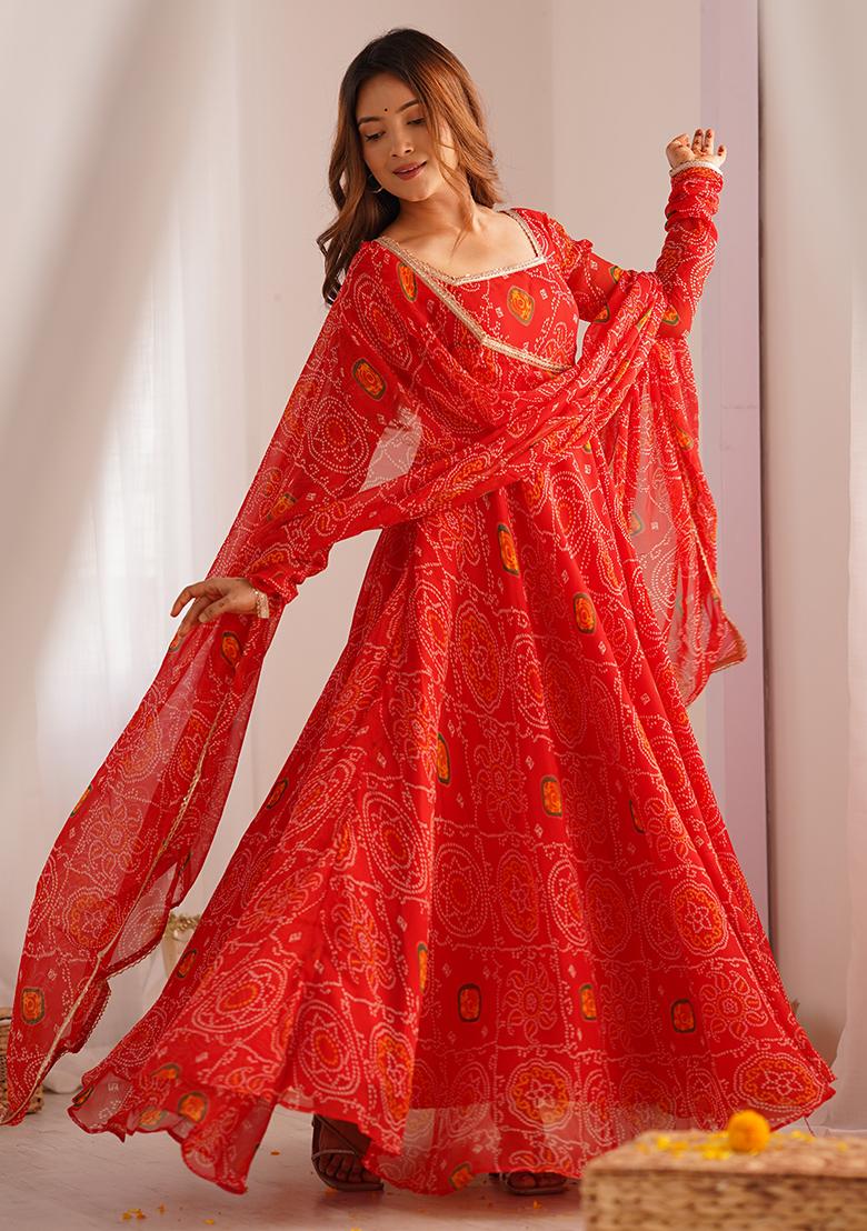 Red Printed Georgette Kurta Set
