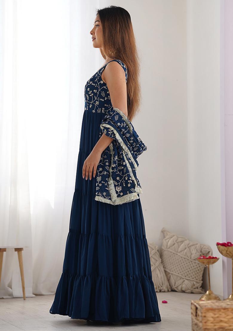 Blue Embroidered Georgette Kurta Set