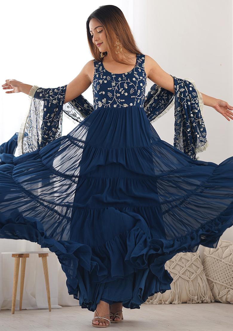 Blue Embroidered Georgette Kurta Set