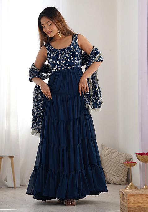 Blue Embroidered Georgette Kurta Set