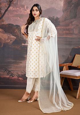 Off White Embroidered Silk Kurta Set