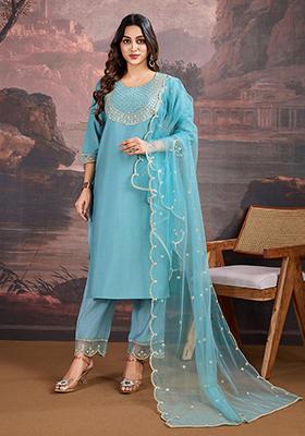 Sky Blue Embroidered Silk Kurta Set