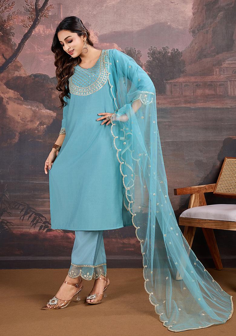 Sky Blue Embroidered Silk Kurta Set