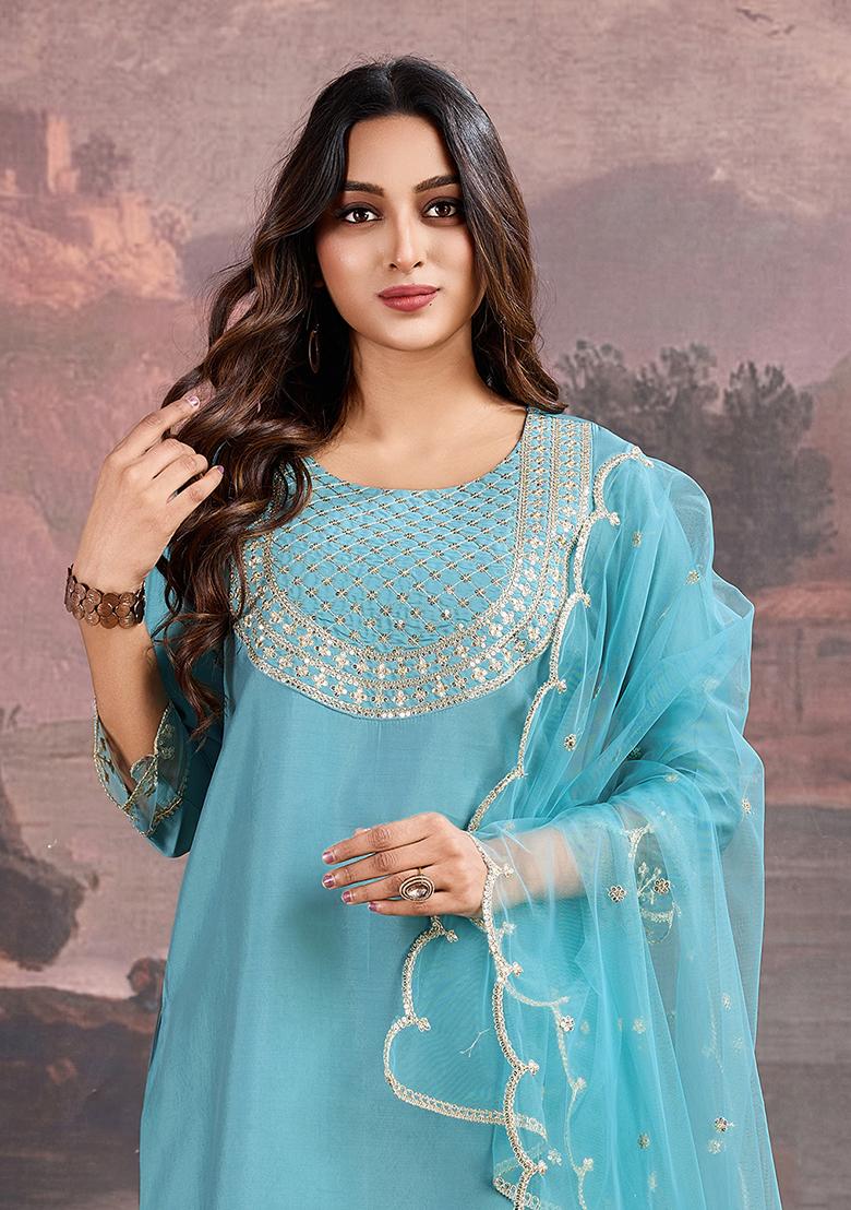 Sky Blue Embroidered Silk Kurta Set