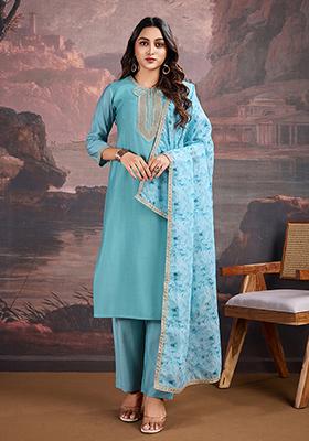 Sky Blue Embroidered Silk Kurta Set