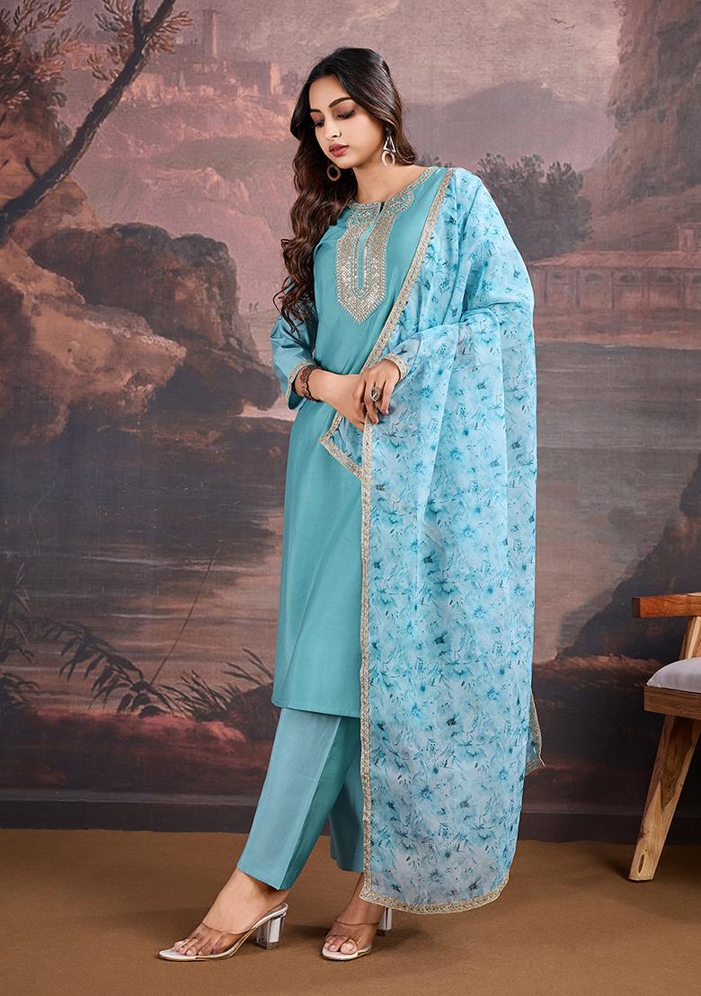 Sky Blue Embroidered Silk Kurta Set