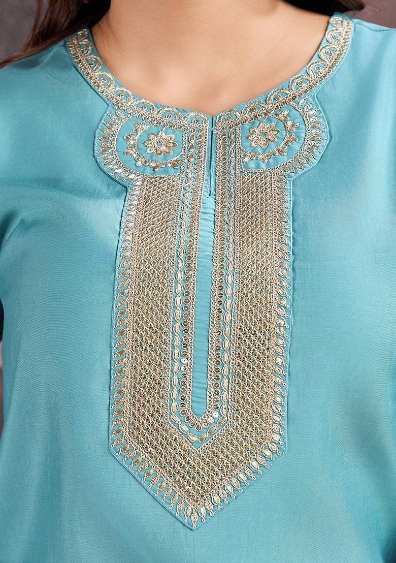 Sky Blue Embroidered Silk Kurta Set