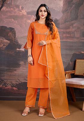 Orange Embroidered Chanderi Cotton Kurta Set