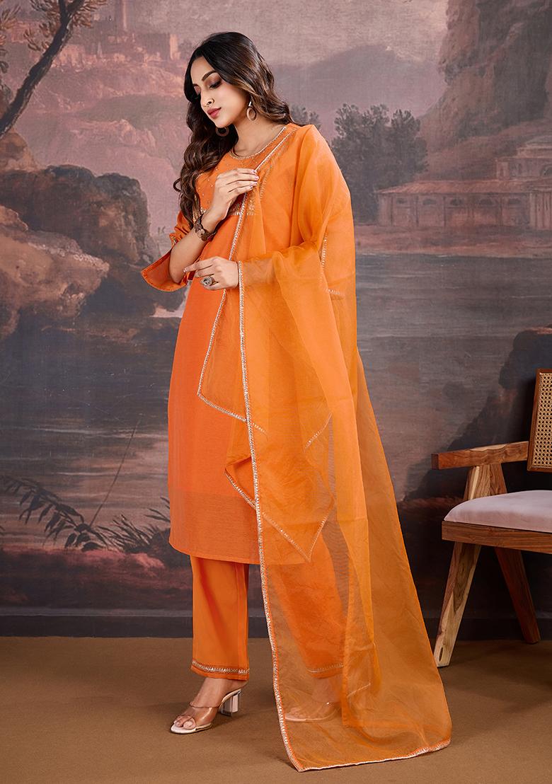 Orange Embroidered Chanderi Cotton Kurta Set