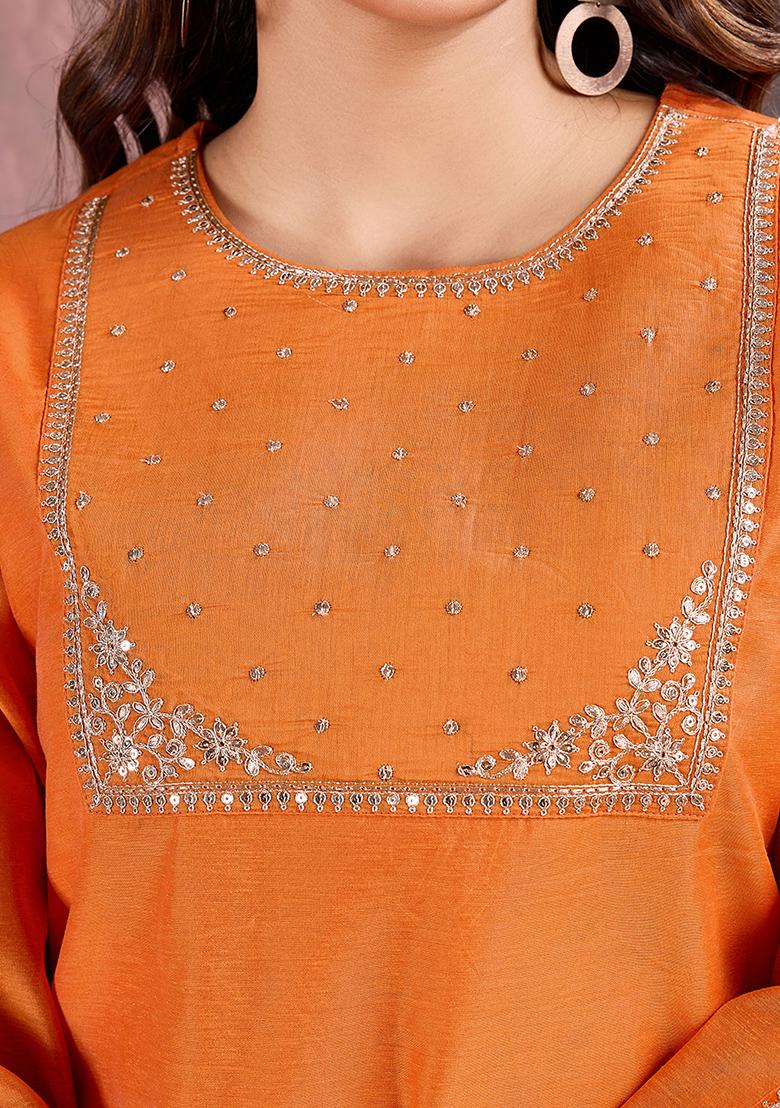 Orange Embroidered Chanderi Cotton Kurta Set