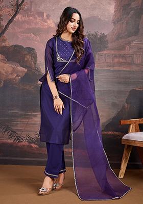 Purple Embroidered Chanderi Cotton Kurta Set