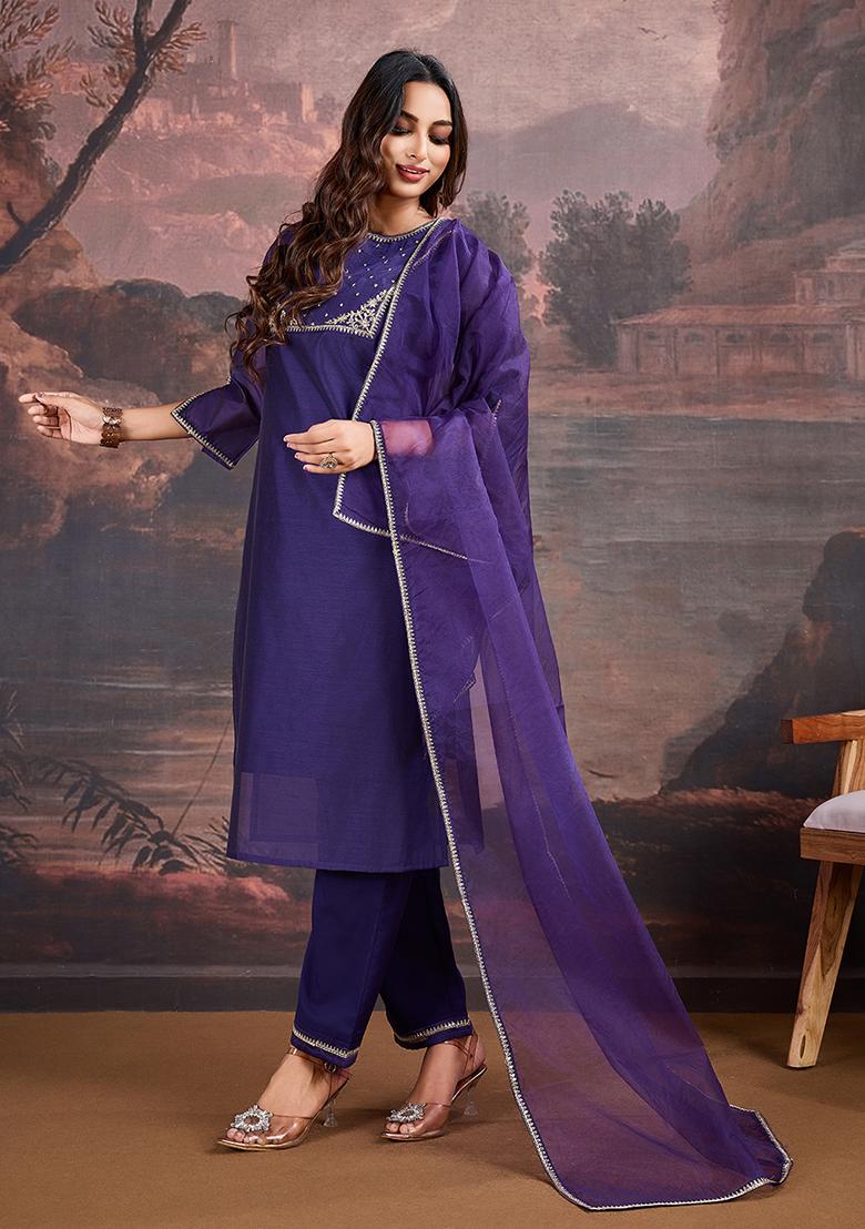 Purple Embroidered Chanderi Cotton Kurta Set