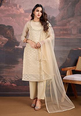 Cream Embroidered Jacquard Cotton Kurta Set