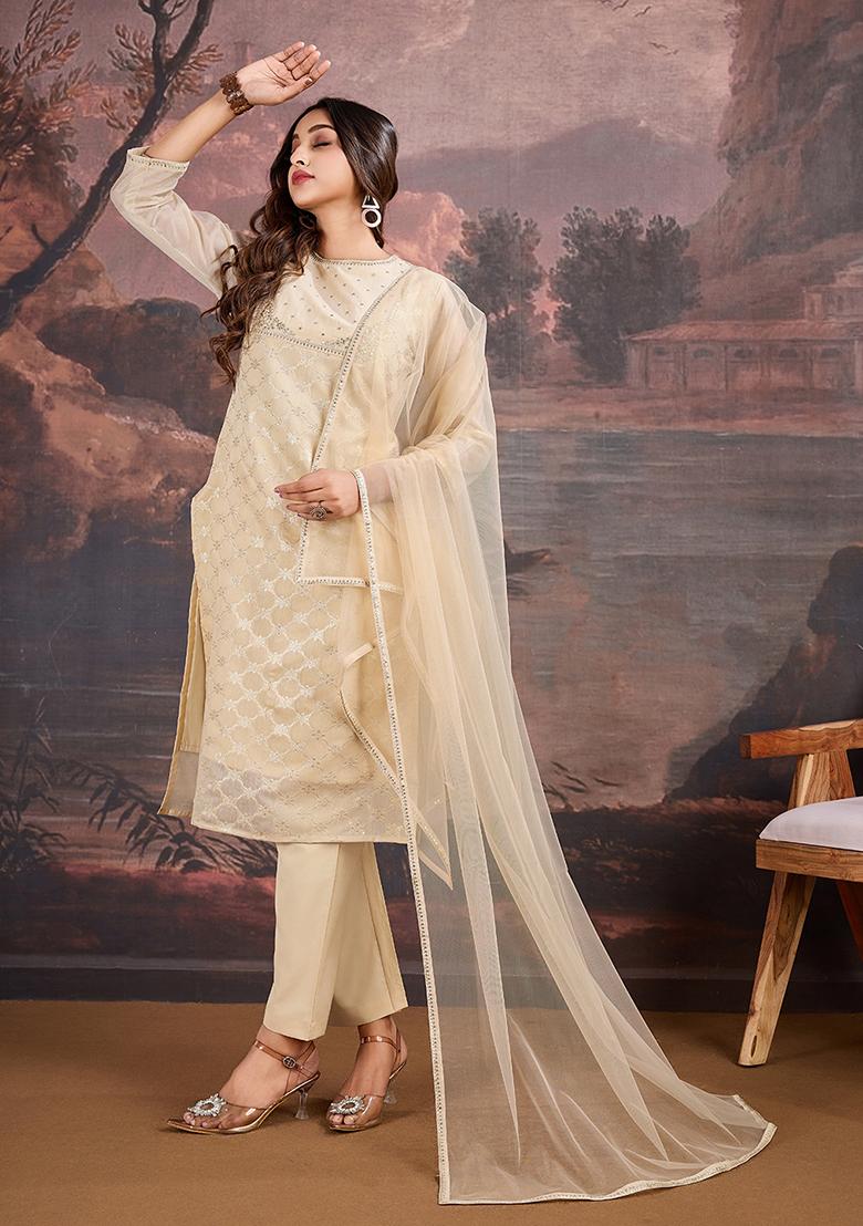 Cream Embroidered Jacquard Cotton Kurta Set