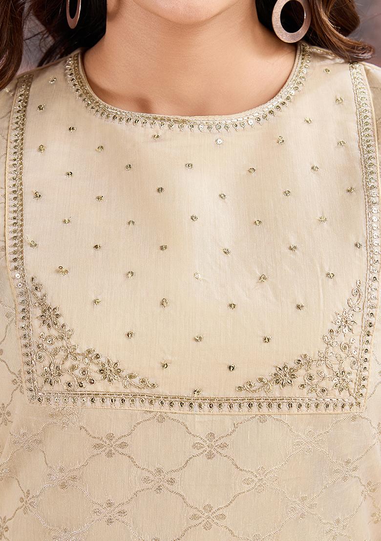 Cream Embroidered Jacquard Cotton Kurta Set