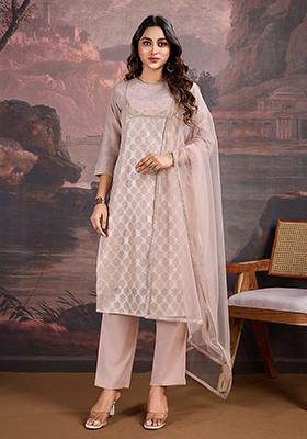 Pink Embroidered Jacquard Cotton Kurta Set